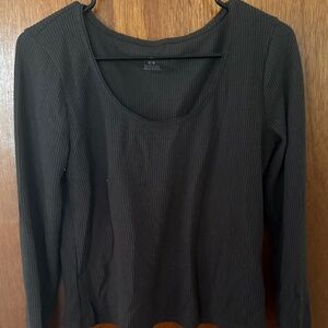 Charcoal Scalloped Trim Ribbed Long Sleeve Top